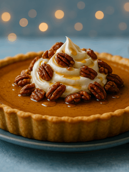 Spiced Pumpkin Tart with Maple, Coconut Whip & Candied Pecans
