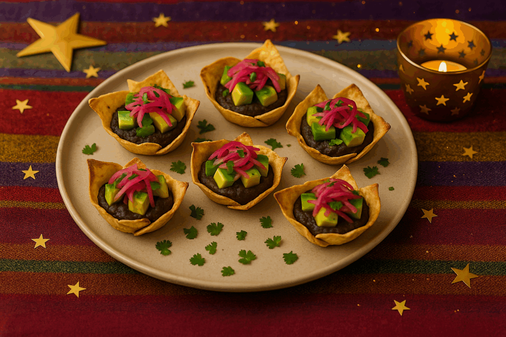 Mini Tostada Cups with Black Bean Purée, Avocado & Pickled Onion
