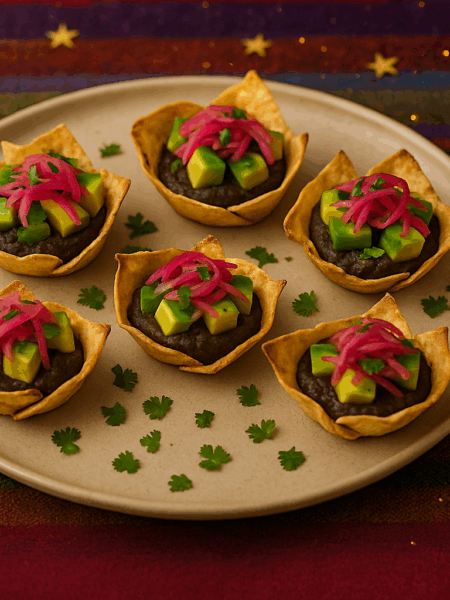 Mini Tostada Cups with Black Bean Purée, Avocado & Pickled Onion
