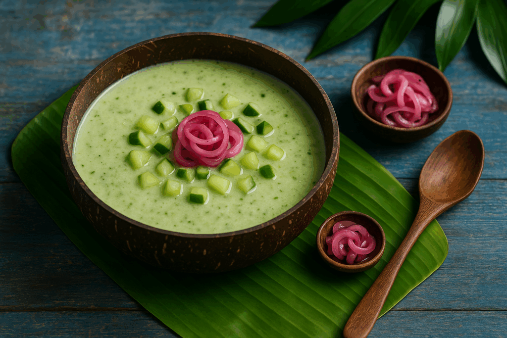 Chilled Cucumber & Coconut Soup with Pickled Shallots