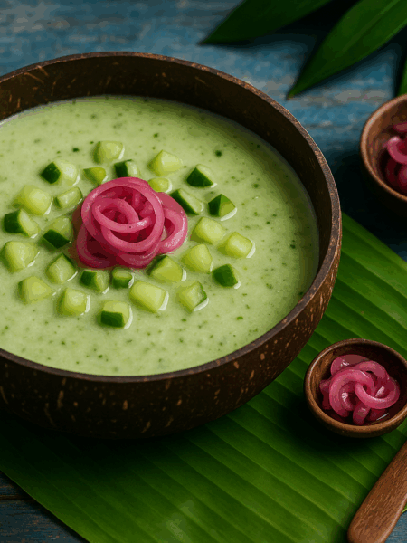 Chilled Cucumber & Coconut Soup with Pickled Shallots