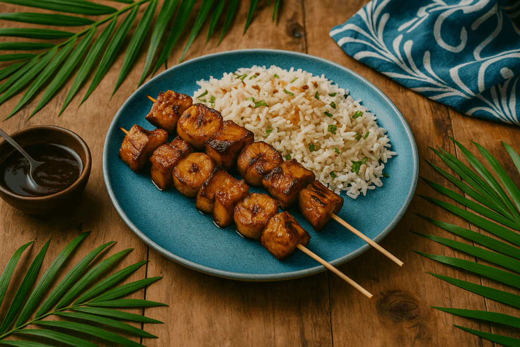 Grilled Jackfruit & Plantain Skewers with Tamarind Glaze and Coconut Pilaf