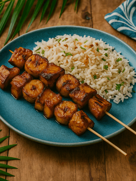 Grilled Jackfruit & Plantain Skewers with Tamarind Glaze and Coconut Pilaf