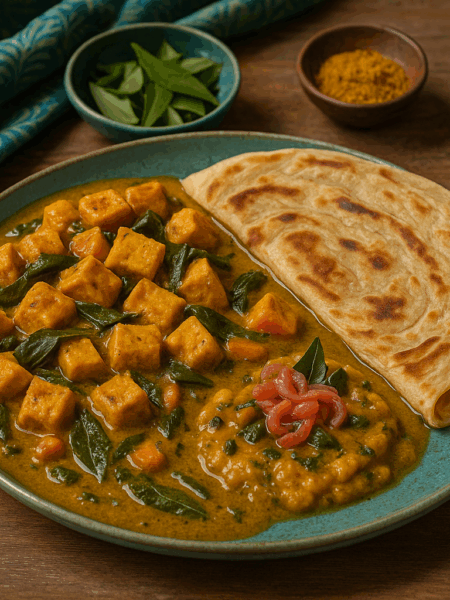 Spiced Tofu Maldivian Curry Leaf Stew with Paratha