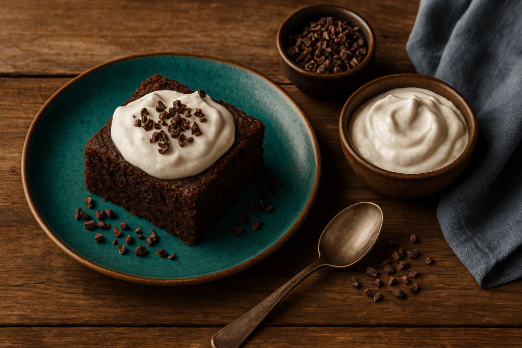 Spiced Chocolate & Coffee Cake with Coconut Cream and Cacao Nibs
