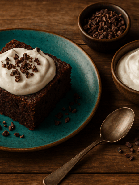 Spiced Chocolate & Coffee Cake with Coconut Cream and Cacao Nibs