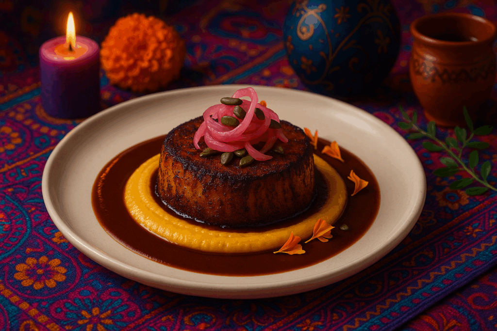 Tierra de los Sueños - Ancho-Rubbed Celeriac “Steak” with Mole-Reduction Jus, Smoked Corn Purée & Pickled Shallots