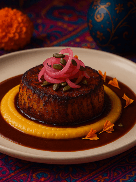 Tierra de los Sueños - Ancho-Rubbed Celeriac “Steak” with Mole-Reduction Jus, Smoked Corn Purée & Pickled Shallots