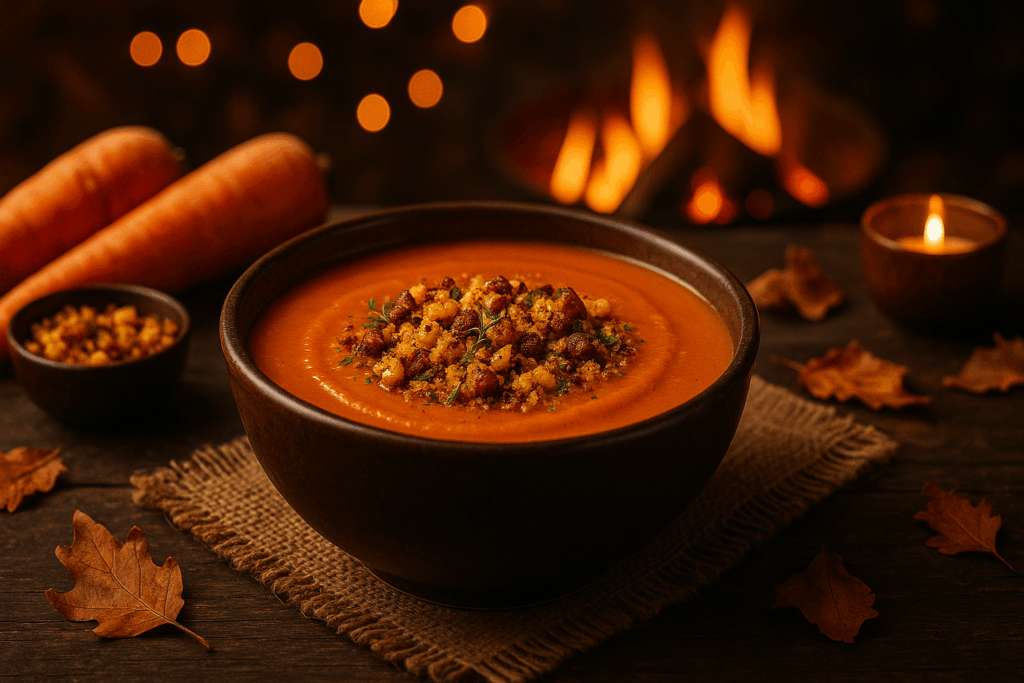 Roasted Carrot & Smoked Paprika Soup with Charred Corn Crumb