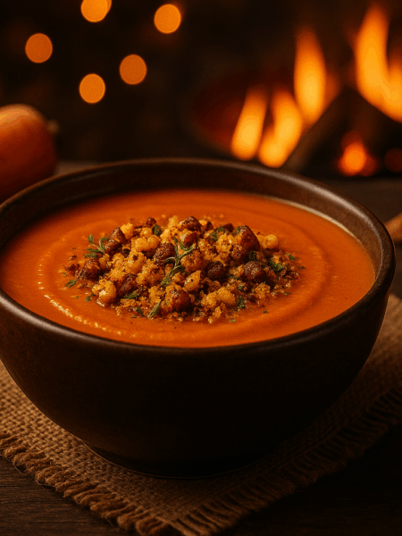 Roasted Carrot & Smoked Paprika Soup with Charred Corn Crumb