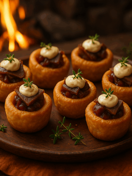 Mini Yorkshire Pudding Bites with Horseradish “Beef” & Onion Jam