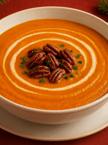 Roasted Carrot Velouté with Spiced Maple Pecans