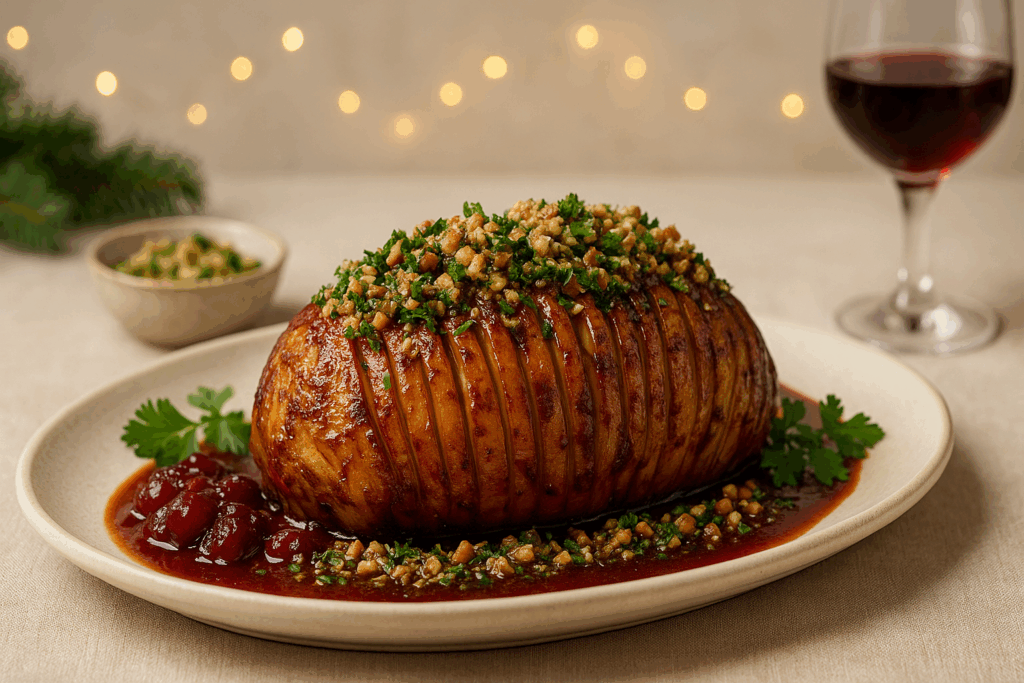 Slow-Roasted Hasselback Celeriac with Cranberry-Port Glaze & Herby Walnut Crumb