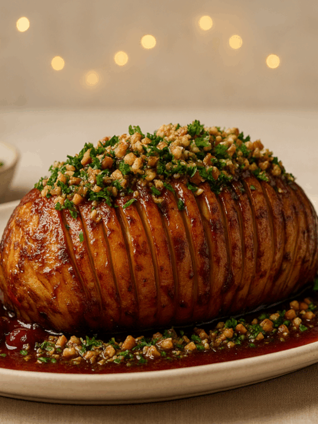 Slow-Roasted Hasselback Celeriac with Cranberry-Port Glaze & Herby Walnut Crumb