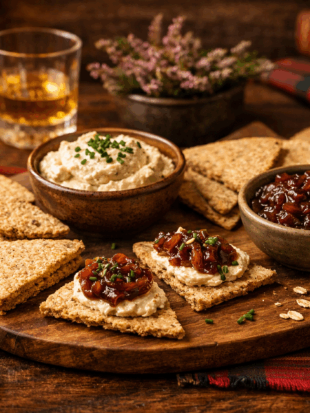 Oatcakes with Smoked Cashew Crowdie & Caramelised Onion