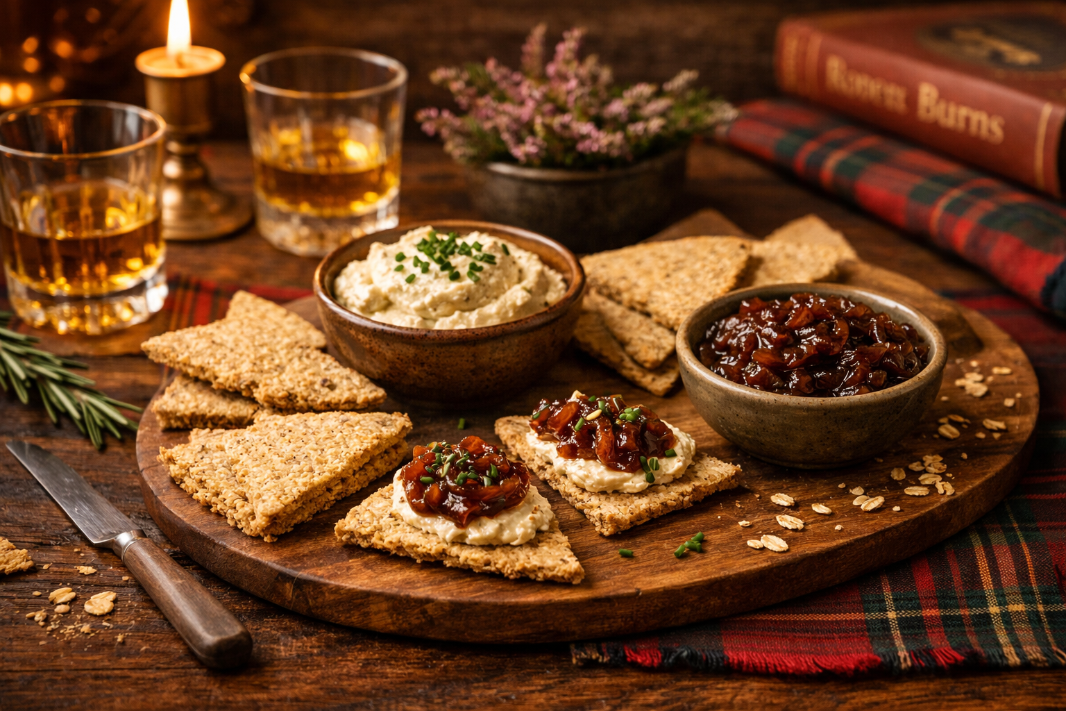 Oatcakes with Smoked Cashew Crowdie & Caramelised Onion