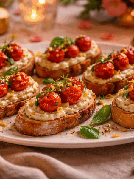 Whipped Lemon White Bean Crostini with Roasted Cherry Tomatoes